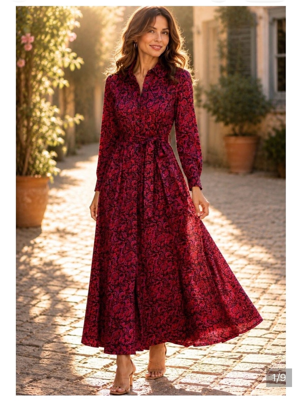Boden Red Paisley Button Down Dress with Tie Waist, 6L (Tall)